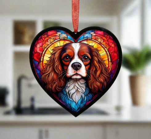 Cavalier King Charles Spaniel Stained Glass Effect Heart Suncatcher